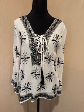 White Lace-Up Boho Blouse with Black Flower Embroidery and Mirror Flat Sparkles